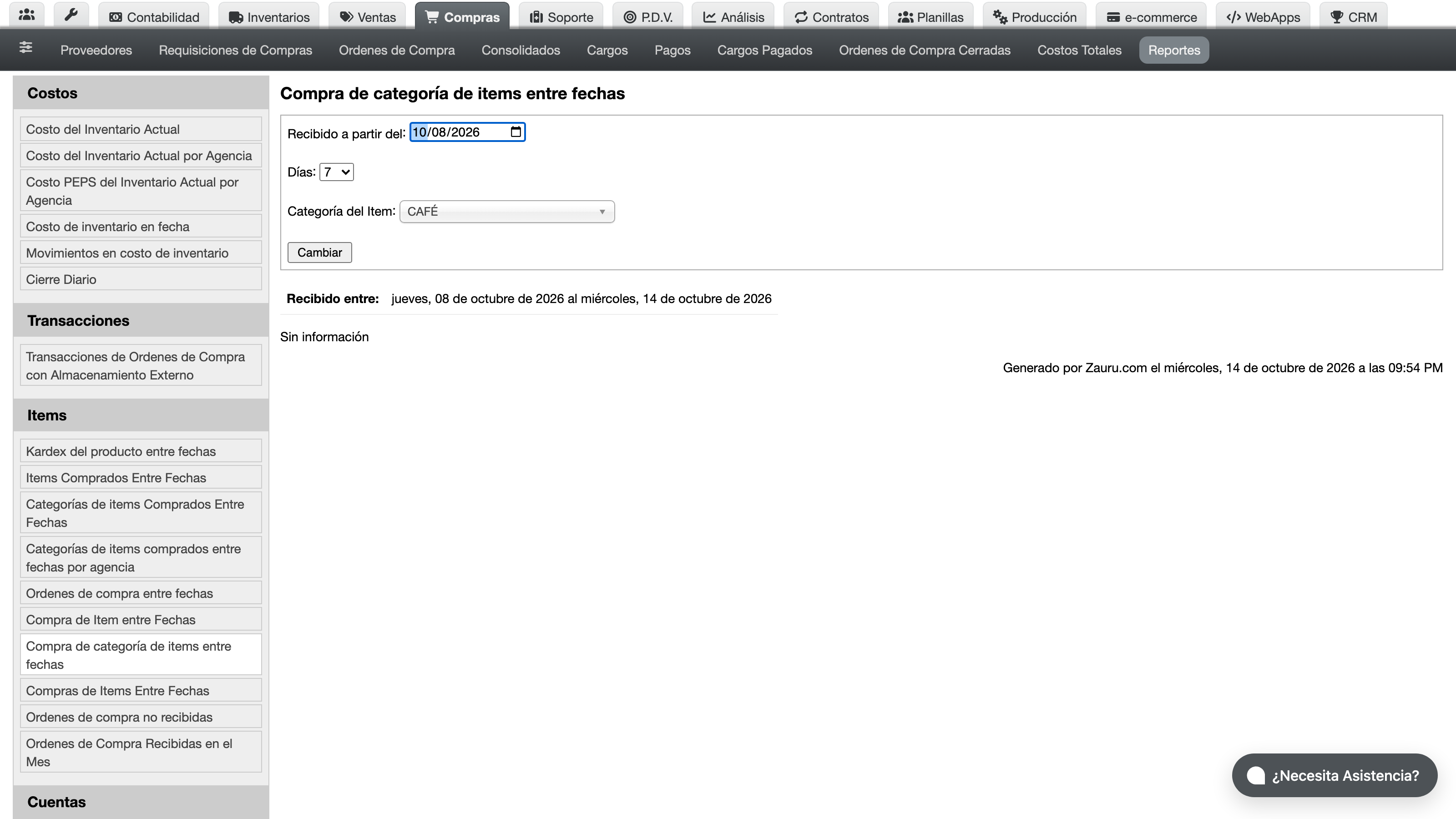 Pagina del reporte Categoria de Item de Compra entre Fechas