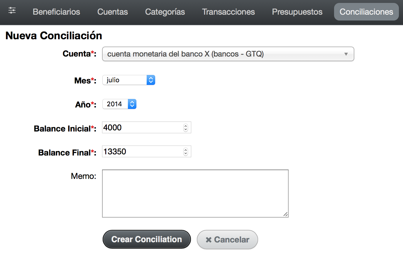 Datos de nueva conciliacion