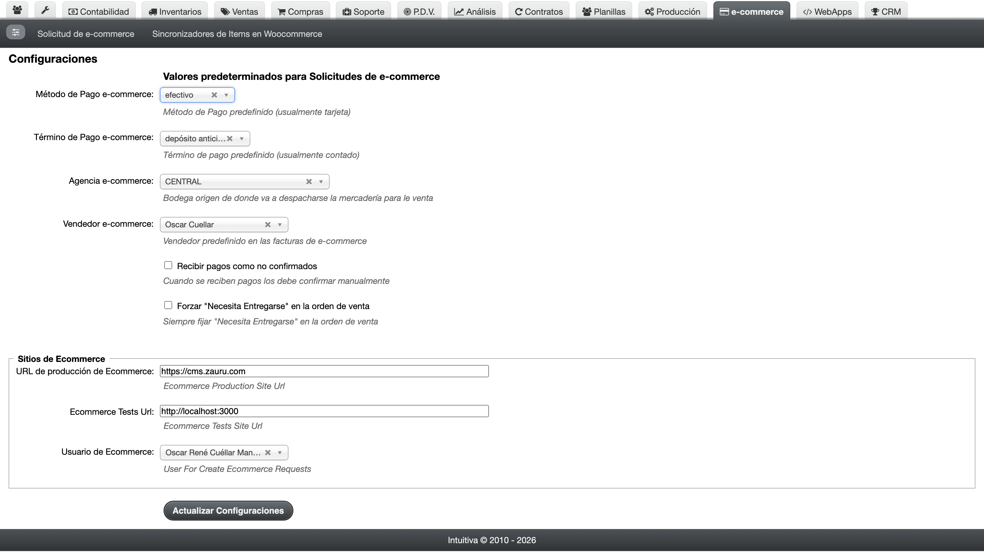 Pantalla de configuración avanzada del módulo de e-commerce con parámetros y campos