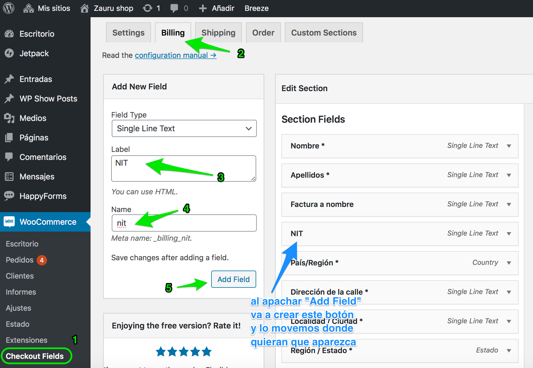 configurar checkout fields