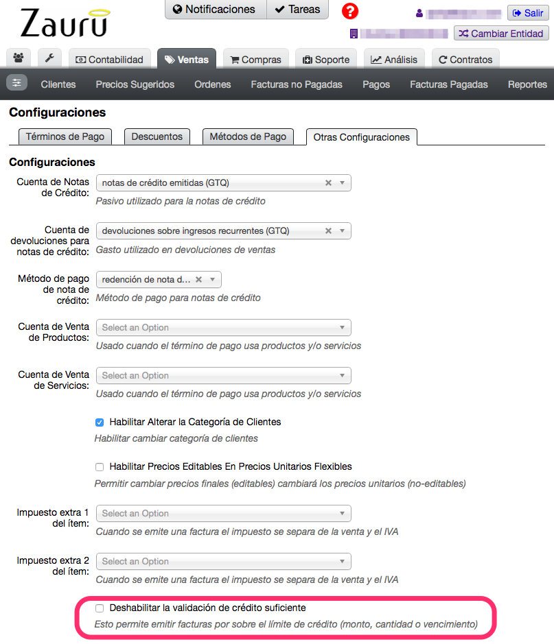 deshabilitar validar limite de credito