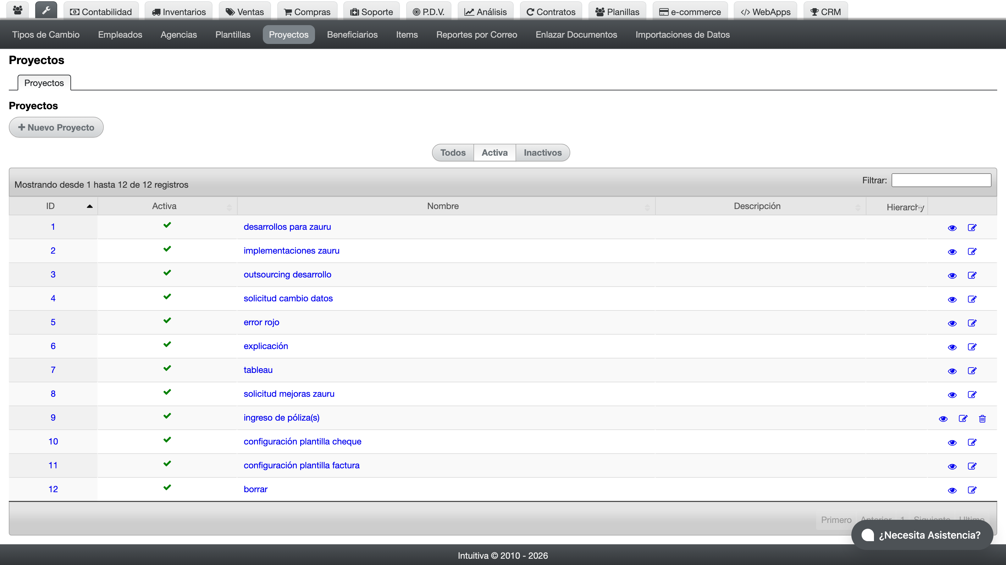Listado de etiquetas y categorías en Configuraciones > Etiquetas
