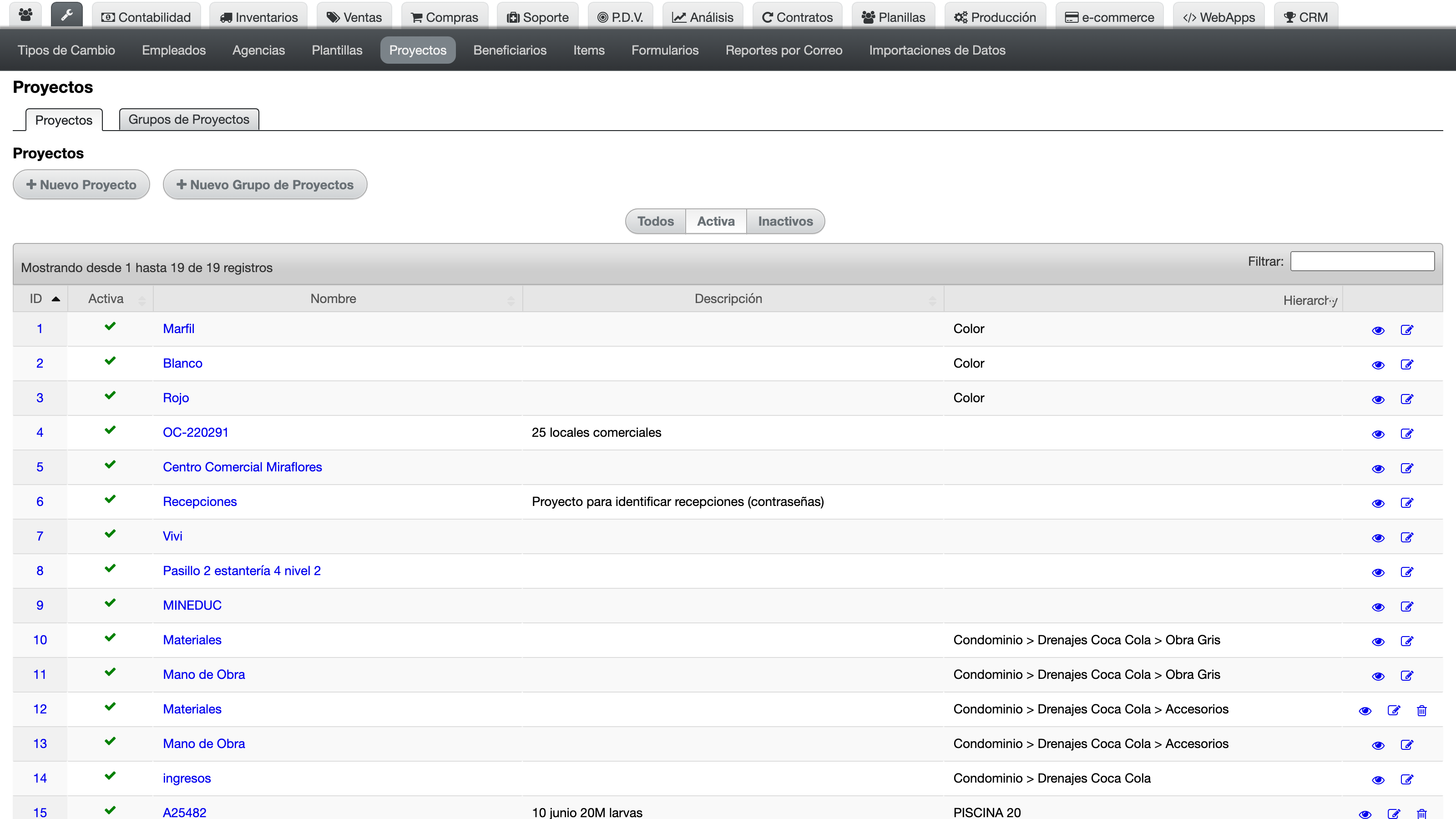 Listado de etiquetas y categorías en Configuraciones > Etiquetas