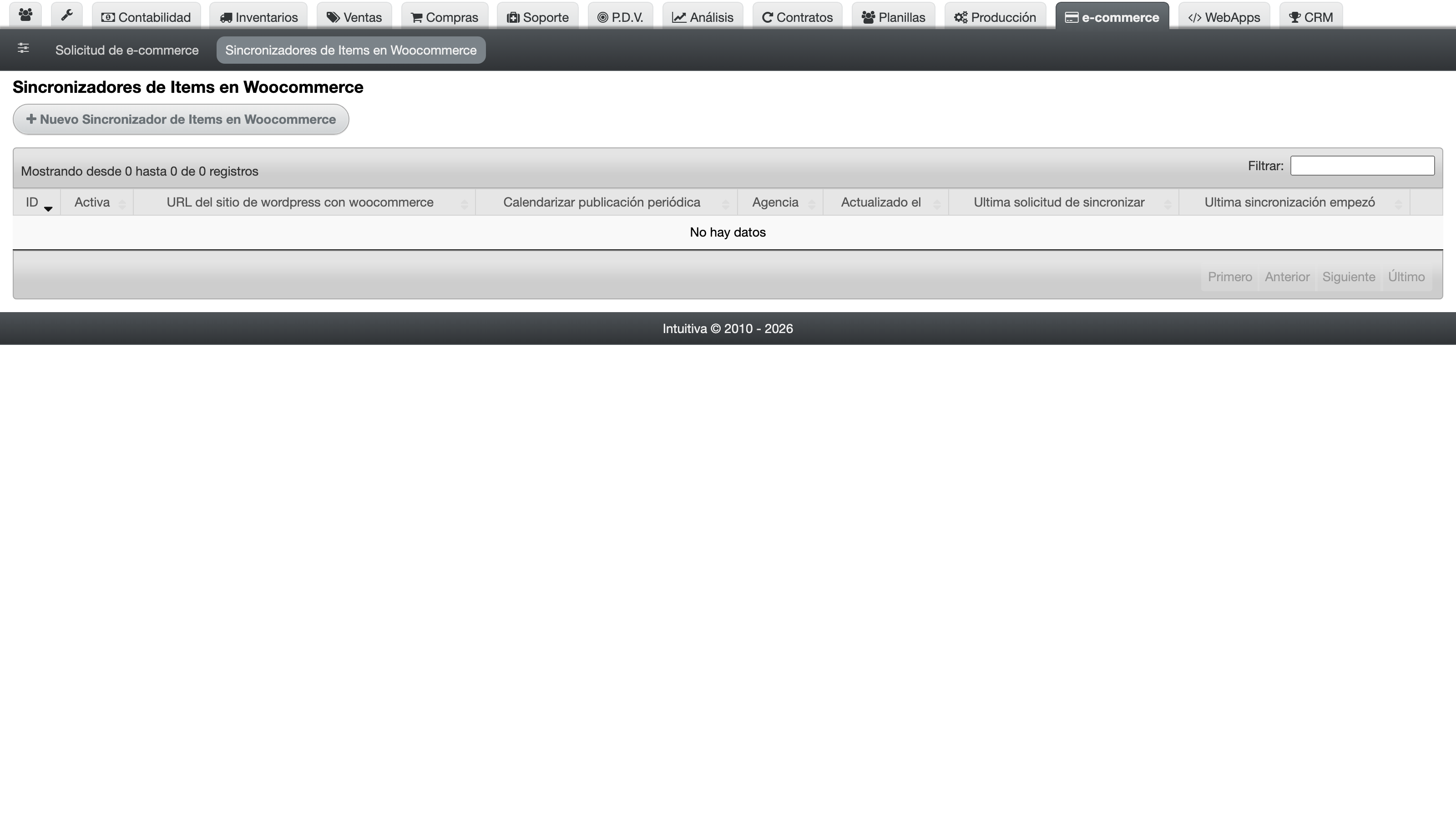 Listado de sincronizaciones WooCommerce con estado, frecuencia y URL