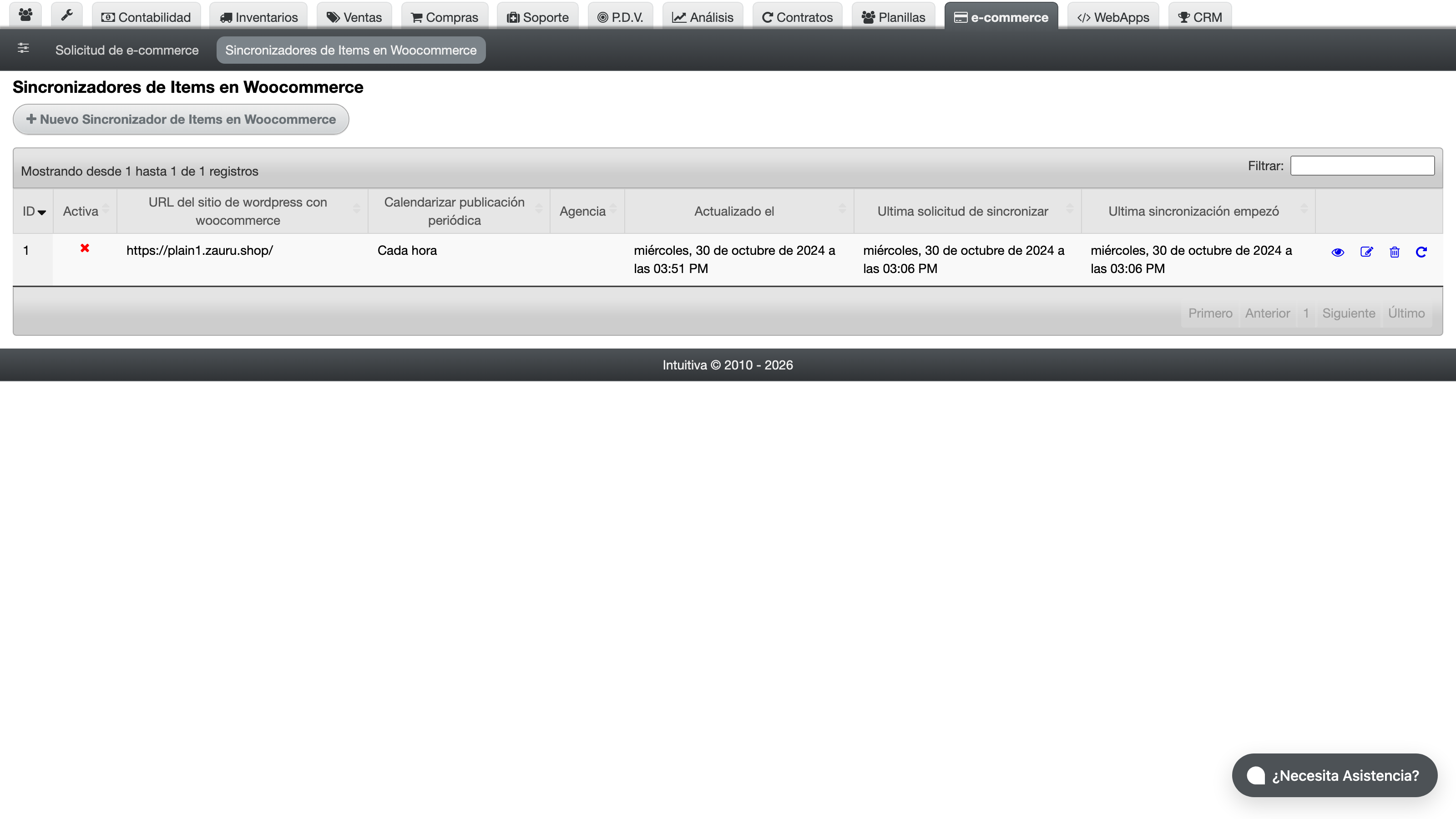 Listado de sincronizaciones WooCommerce con estado, frecuencia y URL