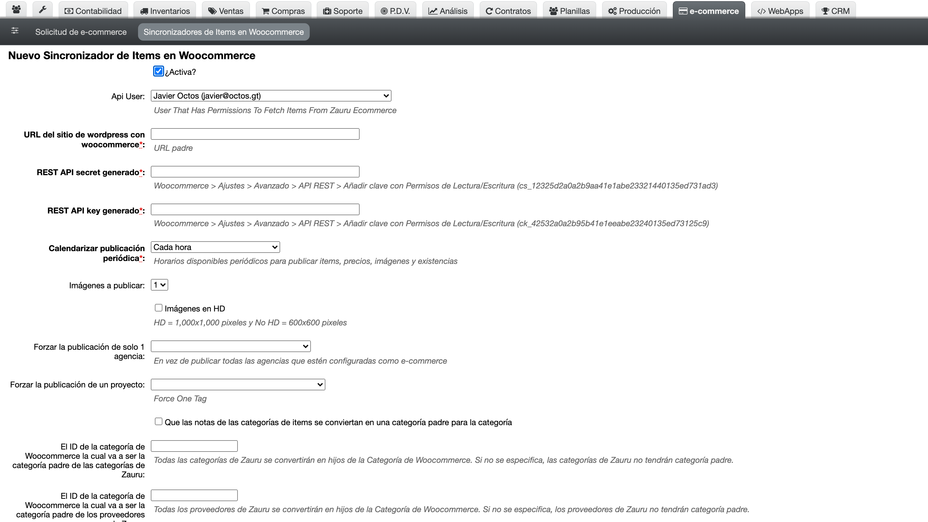 Formulario para crear nueva sincronización WooCommerce