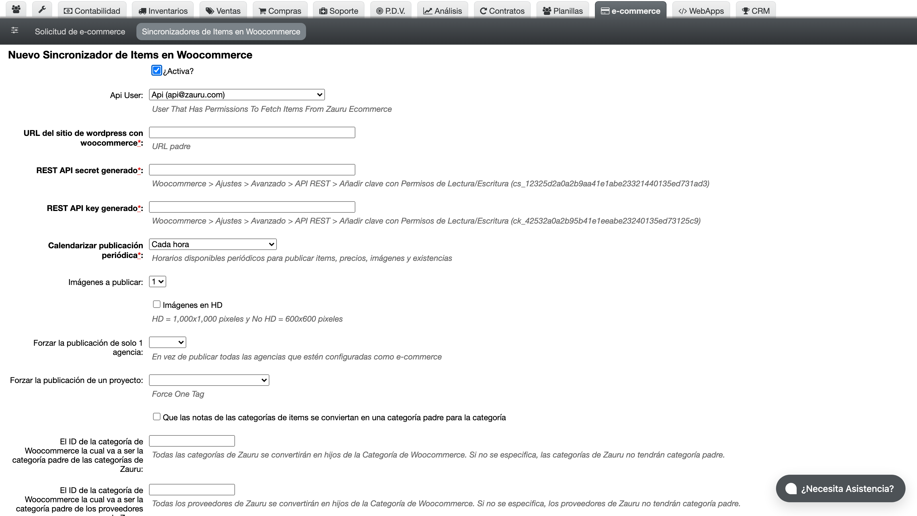 Formulario para crear nueva sincronización WooCommerce