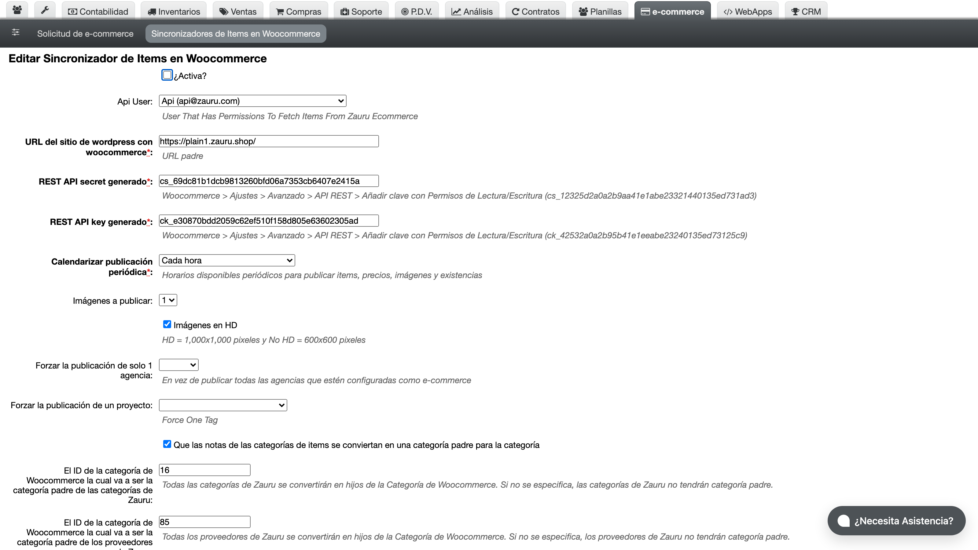 Formulario de edición de sincronización WooCommerce