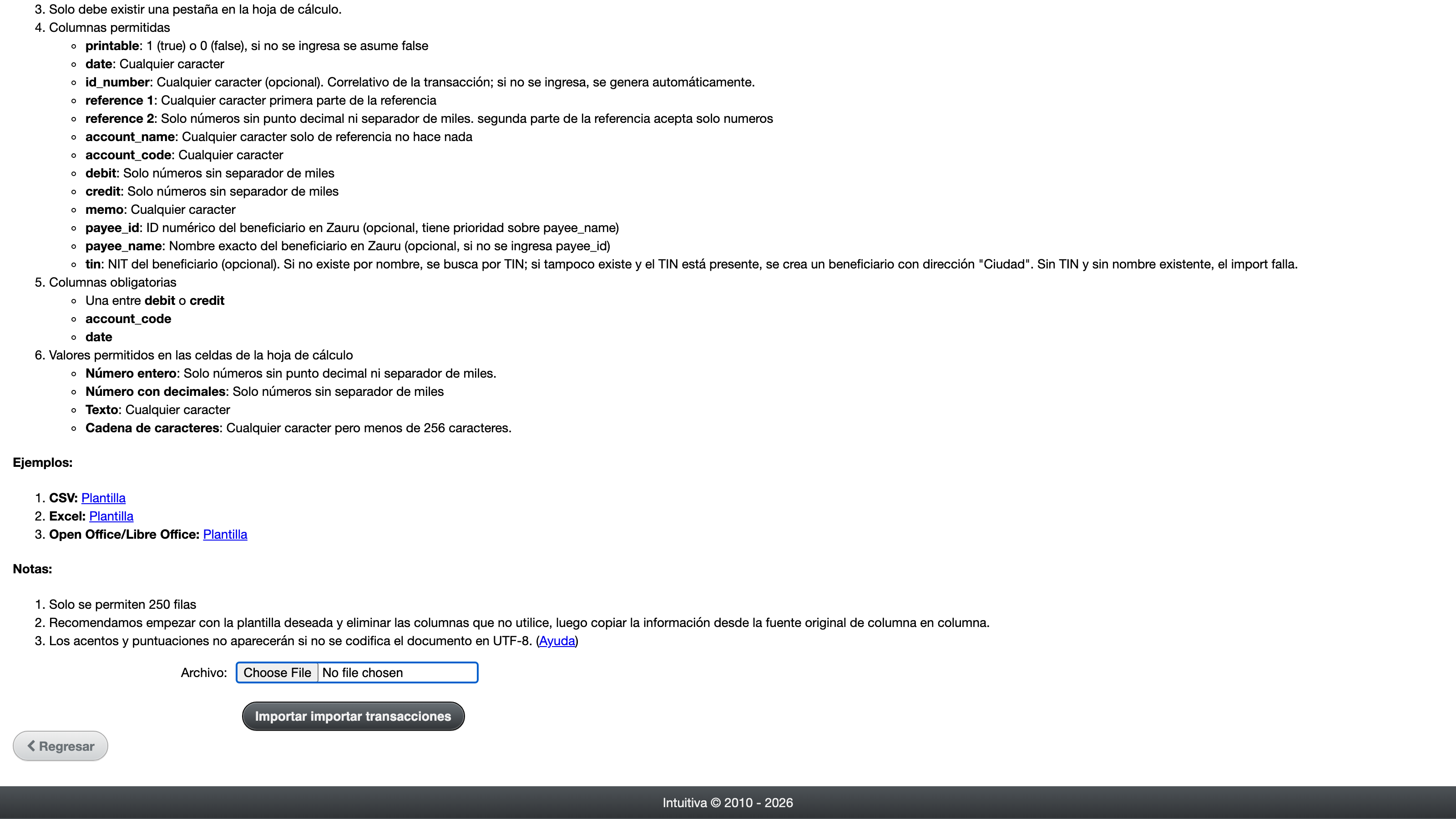 Formulario de importación de transacciones contables
