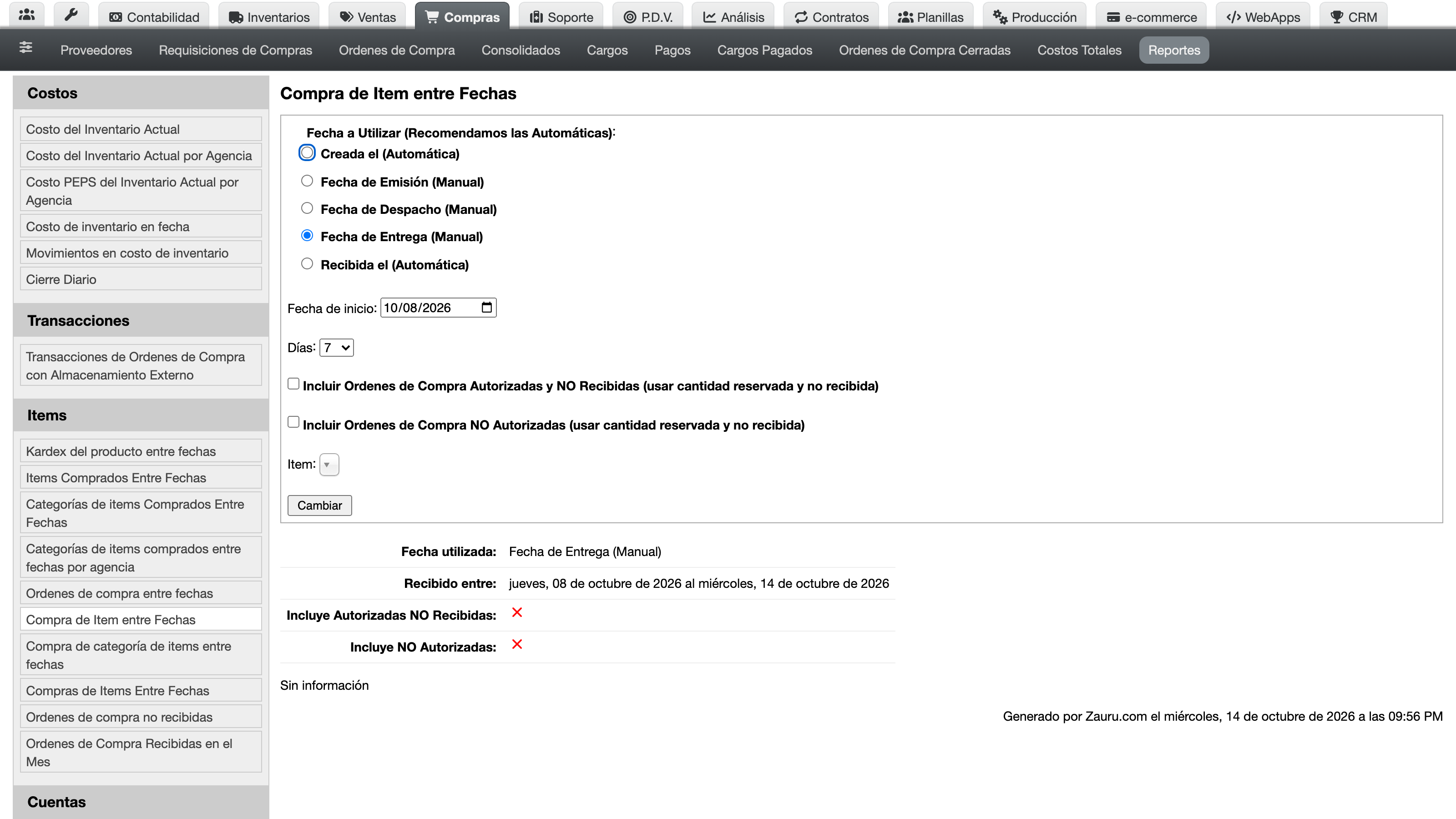 Pantalla del reporte 'Item de Compra entre Fechas' con filtros de producto y rango de fechas y tabla de resultados.