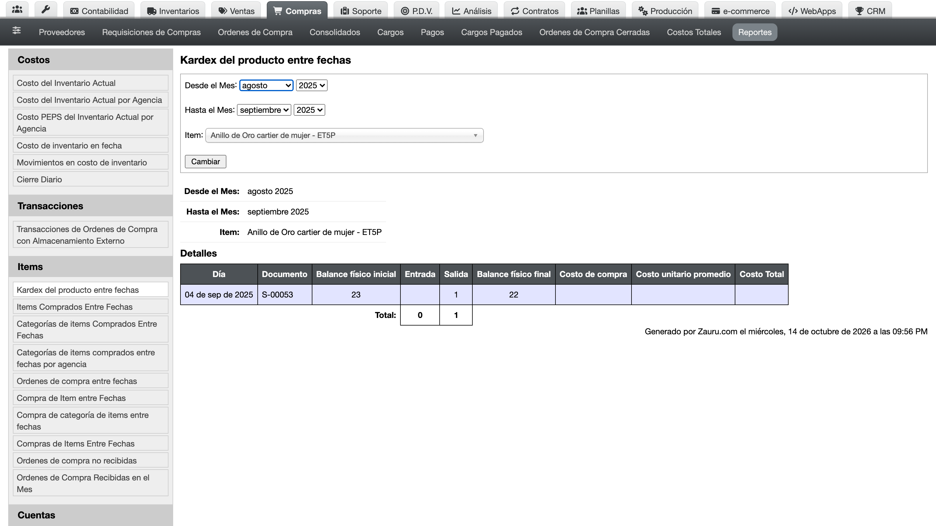 Vista del reporte Kardex de Producto entre Fechas con filtros de producto y rango de fechas