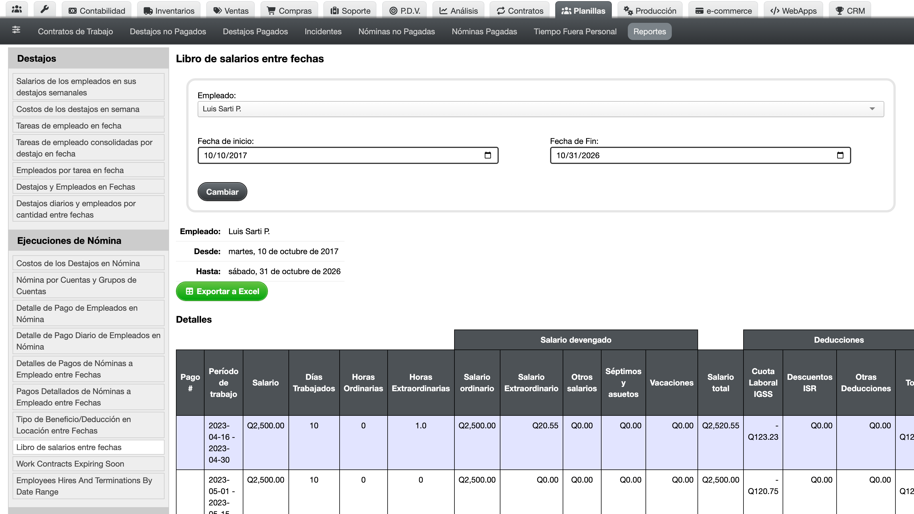Pantalla del reporte Libro de Salarios entre Fechas con filtros de empleado y rango de fechas