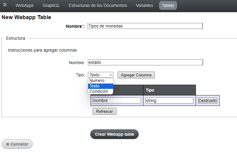 New webapp table example